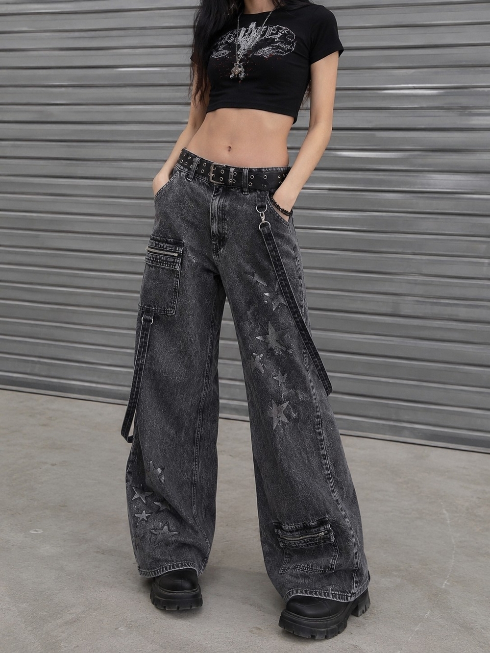 Hot Topic Y2K Wide Leg Cargo Jeans Gray Acid Wash Goth Alt Star Print Size 11